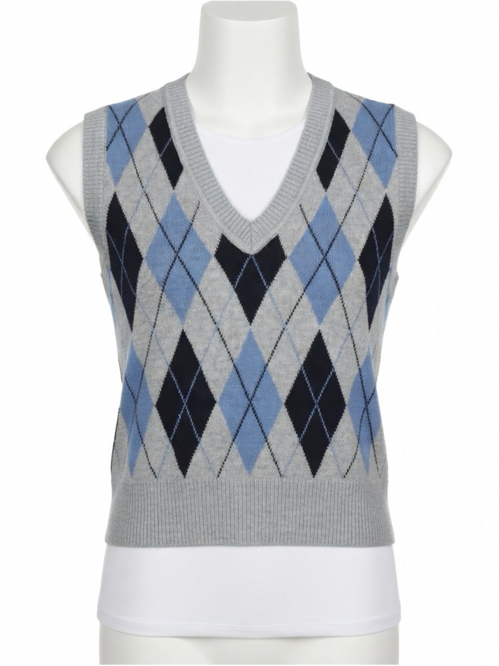 Haute Monde Gray, Blue & Black Argyle V-Neck Sweater Vest cropped sz Large